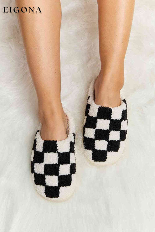 Checkered Print Plush Slide Slippers Black Melody Ship from USA Shoes womens shoes
