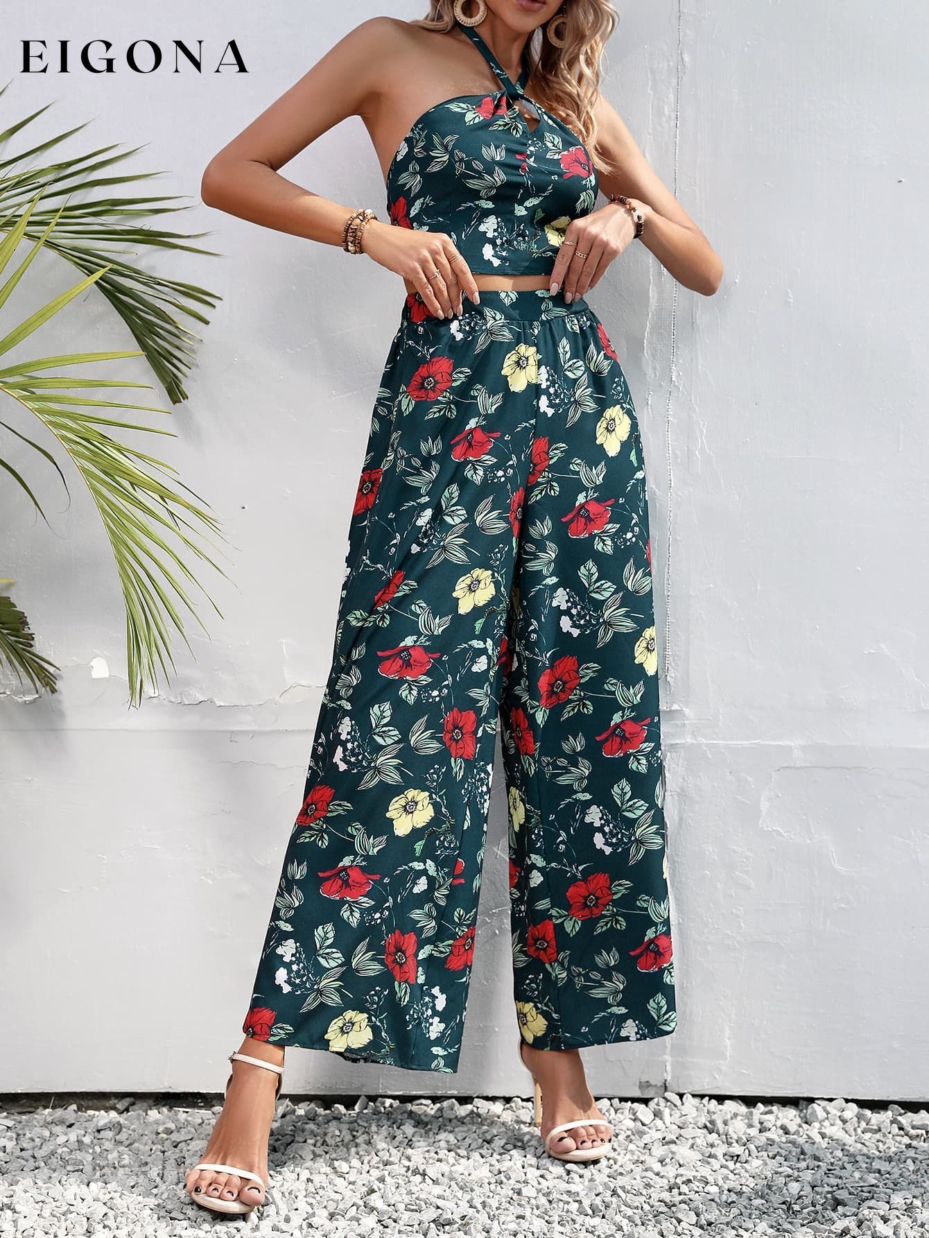 Floral Halter Neck Top and Wide Leg Pants Set clothes Hanny sets Ship From Overseas Shipping Delay 09/29/2023 - 10/04/2023