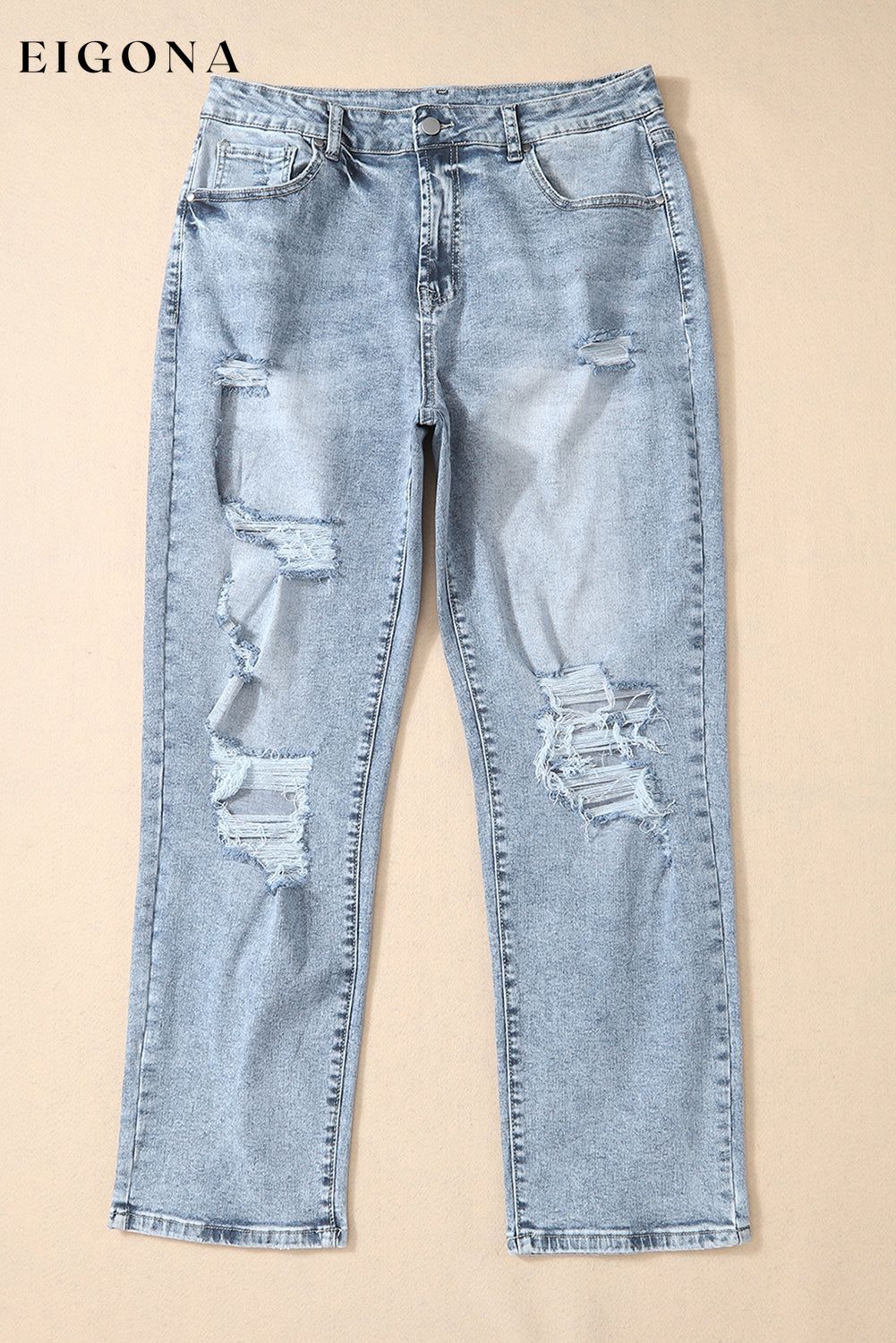 Sky Blue Light Wash Frayed Slim Fit High Waist Jeans All In Stock Best Sellers bottoms clothes Color Blue Craft Distressed Fabric Denim jeans pants ripped jeans Season Spring Style Western