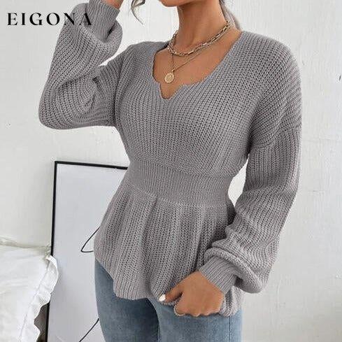 Notched Dropped Shoulder Knit Long Sleeve Top clothes long sleeve shirts long sleeve top long sleeve tops Ship From Overseas shirt shirts short sleeve shirt top tops X.W