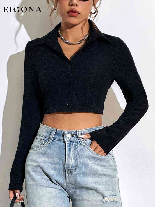 Button Up Collared Neck Long Sleeve Blouse Black clothes crop top crop tops cropped top croptop long sleeve shirts long sleeve top Ship From Overseas shirt shirts top tops Y@X@N@H