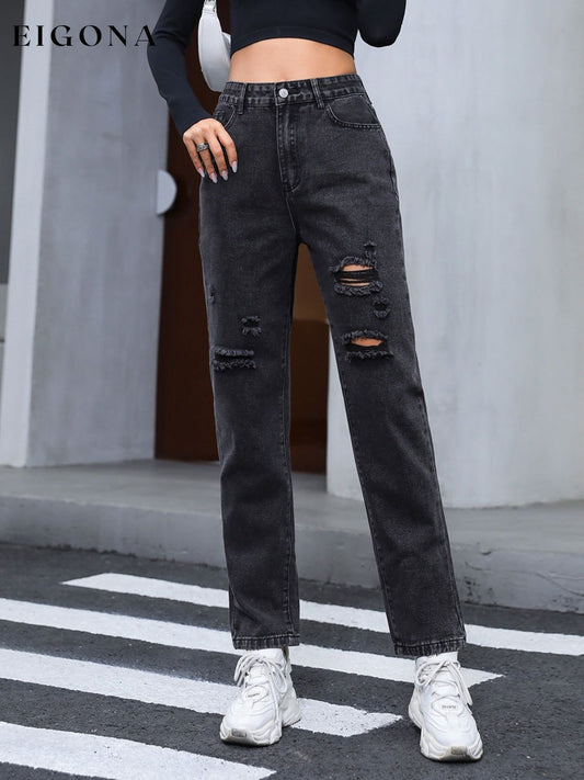 Distressed Straight Leg Jeans Black bottoms clothes Jeans pants Ship From Overseas Women's Bottoms Yh