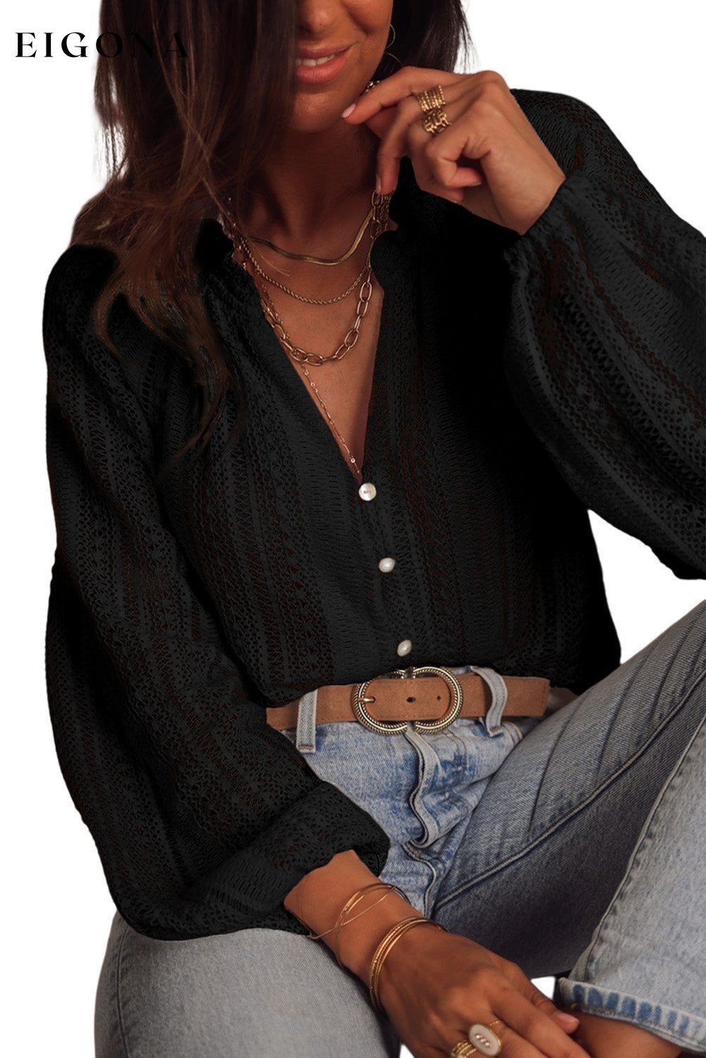Black V-Neck Long Sleeve Button Up Lace Shirt All In Stock Best Sellers clothes Early Fall Collection EDM Monthly Recomend Fabric Lace long sleeve shirt long sleeve shirts long sleeve top long sleeve tops Occasion Daily Print Solid Color Season Spring shirt shirts Style Elegant top tops