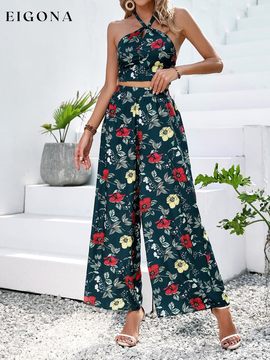 Floral Halter Neck Top and Wide Leg Pants Set Forest clothes Hanny sets Ship From Overseas Shipping Delay 09/29/2023 - 10/04/2023