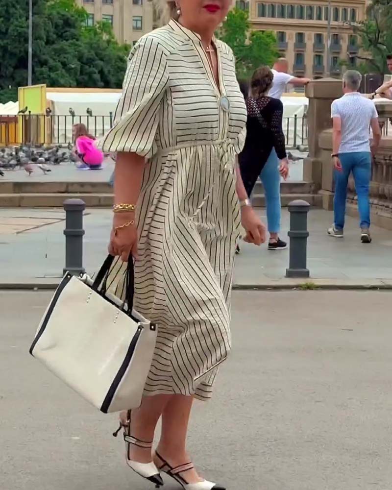 Striped print V-neck lantern sleeve dress 202466 casual dresses spring summer