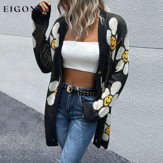Floral Button Down Longline Cardigan Black clothes cárdigan Hundredth Ship From Overseas sweater sweaters top