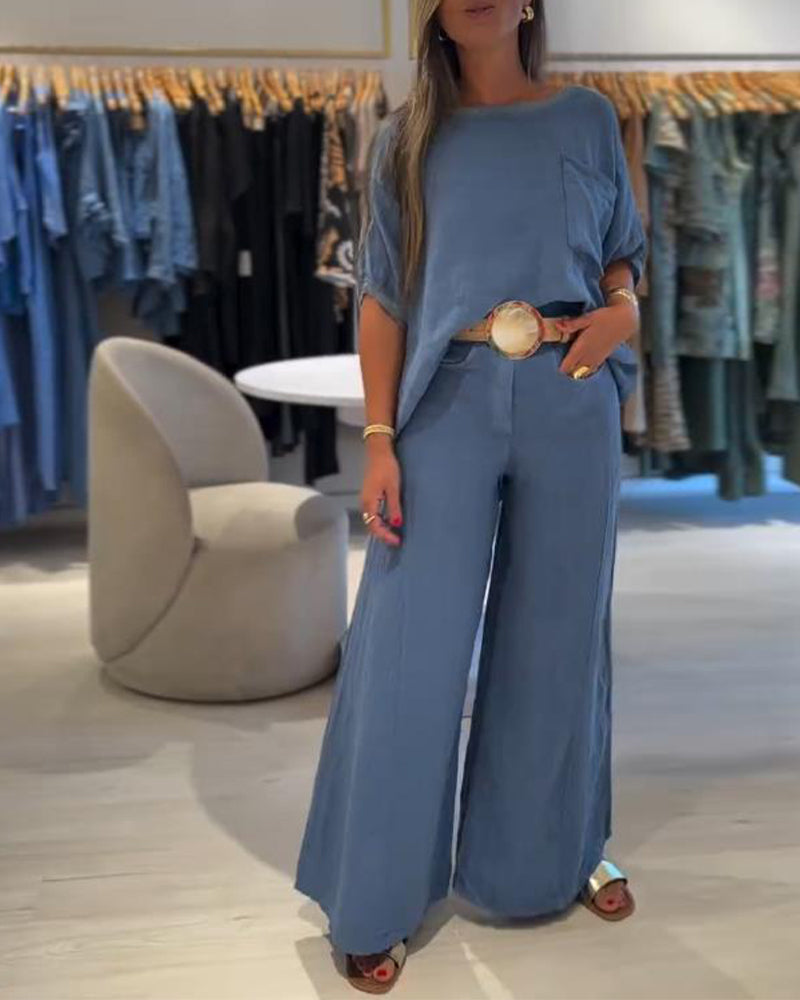 Fashion Casual Round Neck Wide Leg Pants Suit