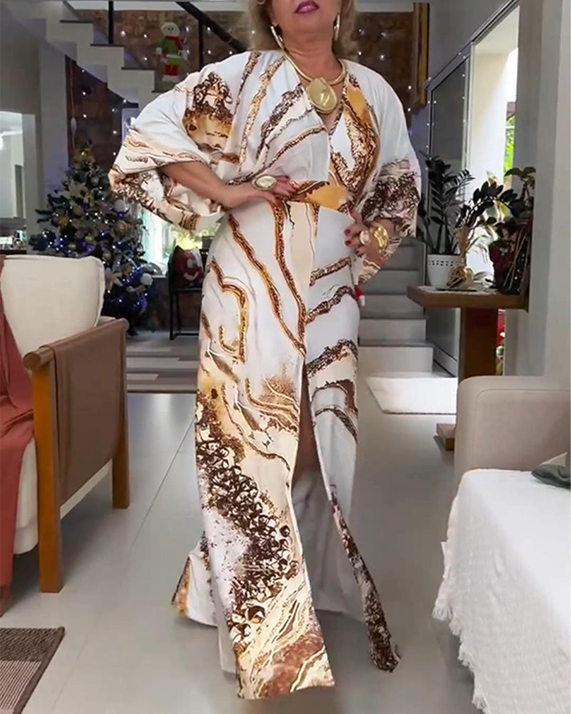 Long-Sleeved V-Neck Slit Printed Dress