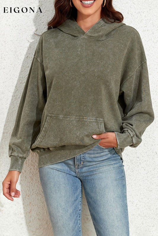 Sage Green Vintage Wash Kangaroo Pocket Hoodie Sage Green Cotton clothes Color Green Craft Washed Occasion Daily Print Solid Color Season Fall & Autumn Style Casual sweat Sweater sweaters Sweatshirt