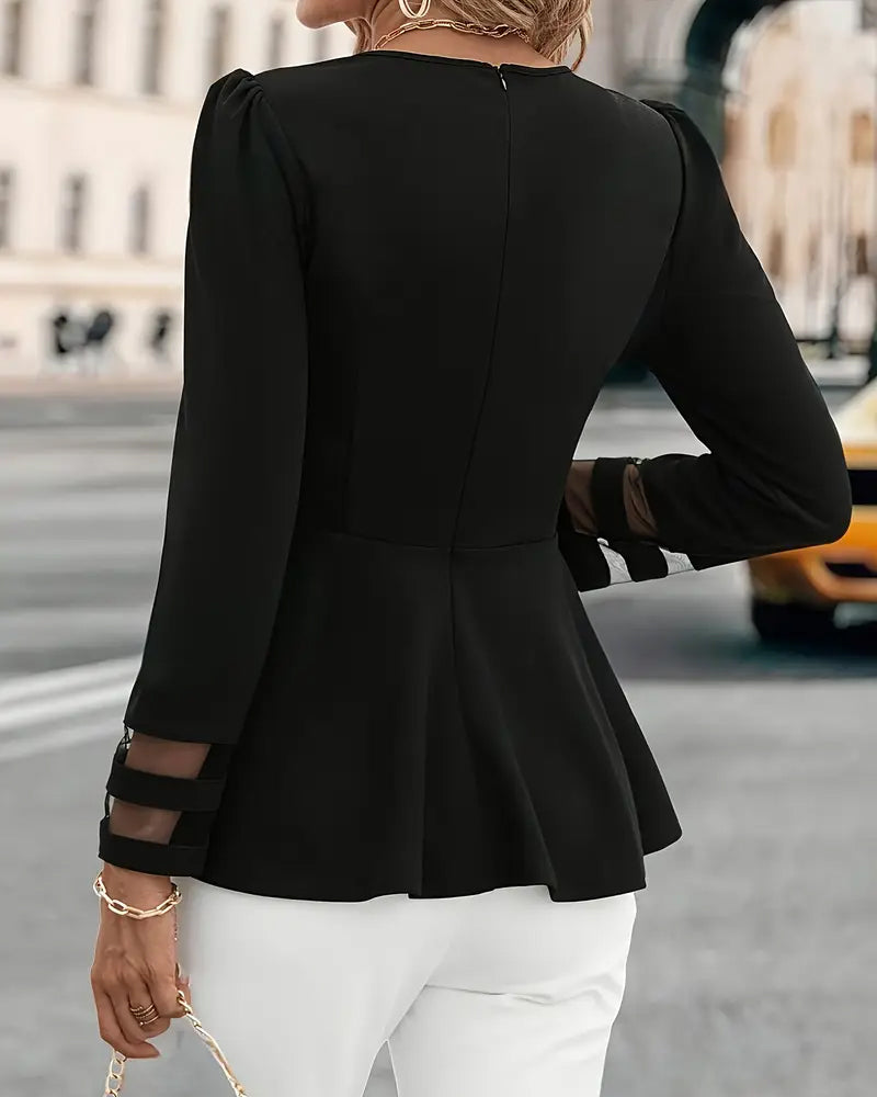 Puff Sleeve Solid Splicing Mesh Long Sleeve Top