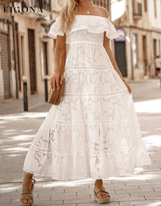 White Off-the-shoulder Ruffled Lace Maxi Dress White 100%Polyester clothes dress dresses Fabric Lace Lace maxi dress midi dress midi dresses Occasion Wedding Season Summer