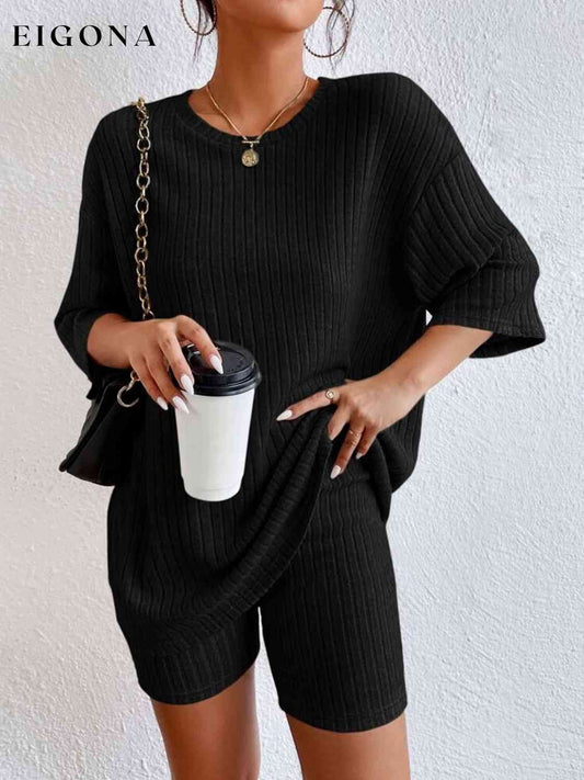 Ribbed Round Neck Top and Shorts Set Black 2 pieces clothes pants set set Ship From Overseas Shipping Delay 09/29/2023 - 10/03/2023 sweater set Y@L@Y