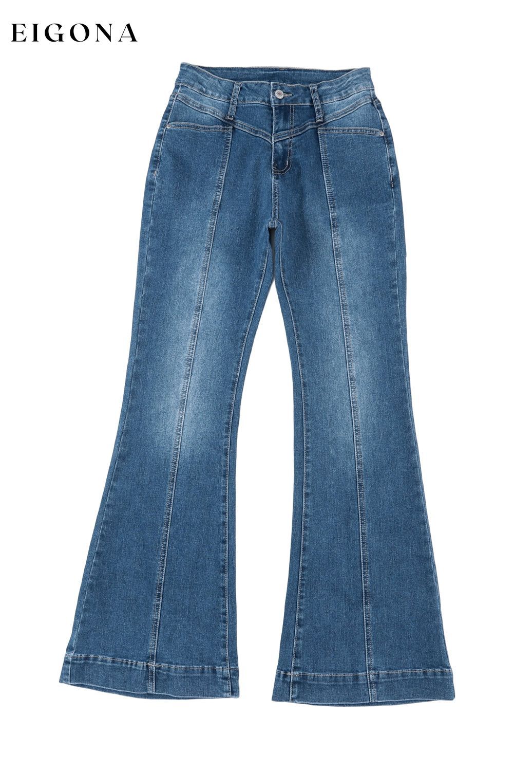 Blue High Waist Seam Stitching Pocket Flare Jeans All In Stock bottoms clothes Color Blue Craft Patchwork Early Fall Collection Hot picks jeans Occasion Daily Season Spring Silhouette Flare Style Western