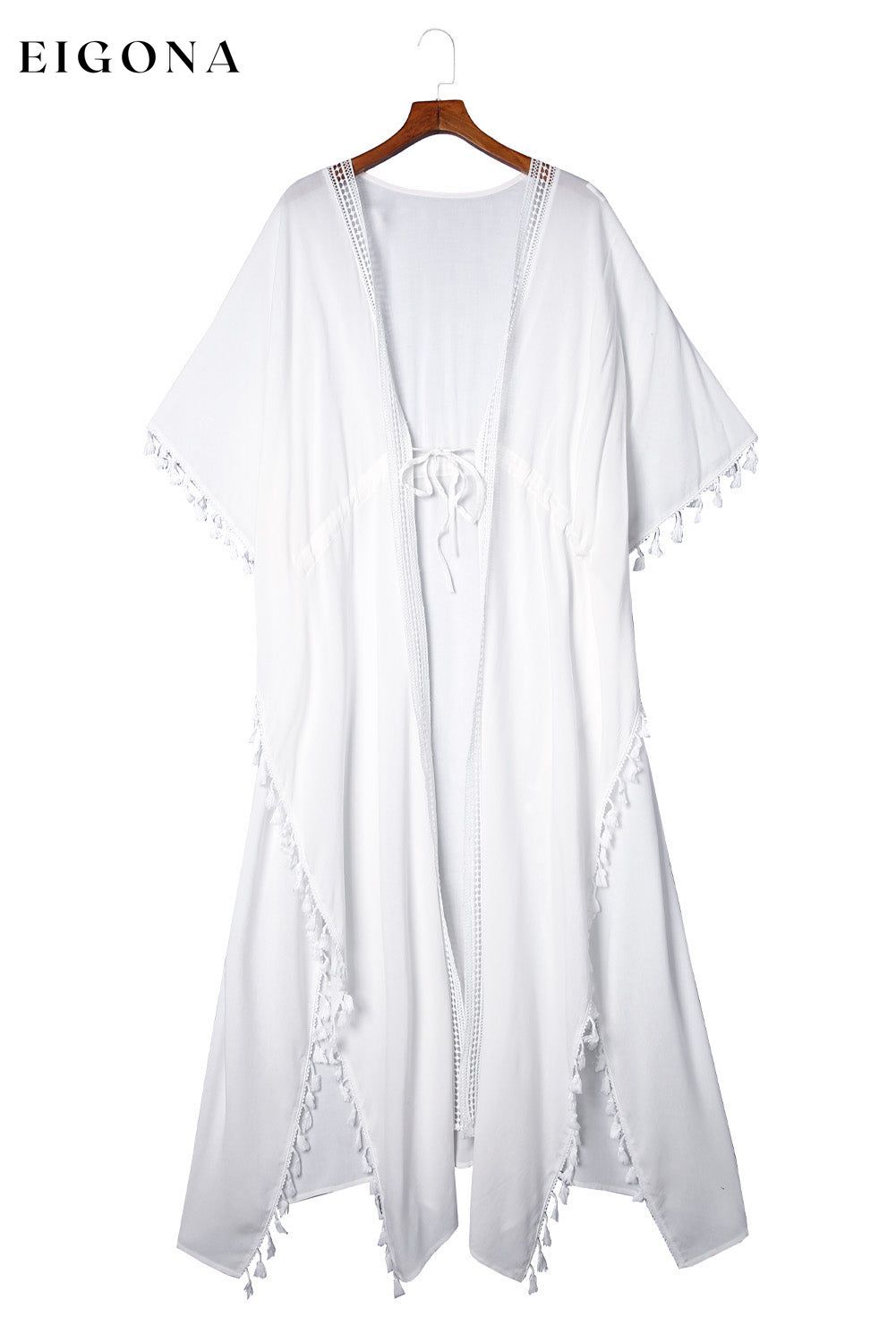 White Crochet Tassel Thigh High Split Beach Cover Up All In Stock beach wear clothes cover-up Craft Crochet Detail Fringe & Tassel Fabric Lace Occasion Vacation Print Solid Color Season Summer