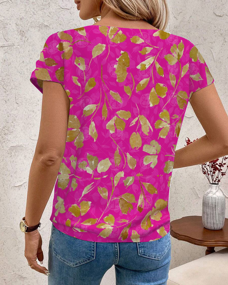 V-Neck Leaf Print Short-Sleeved T-Shirt