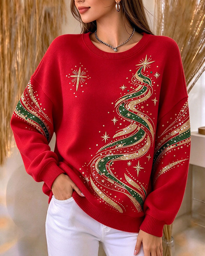 Christmas Tree Print Long Sleeve Loose Sweatshirt