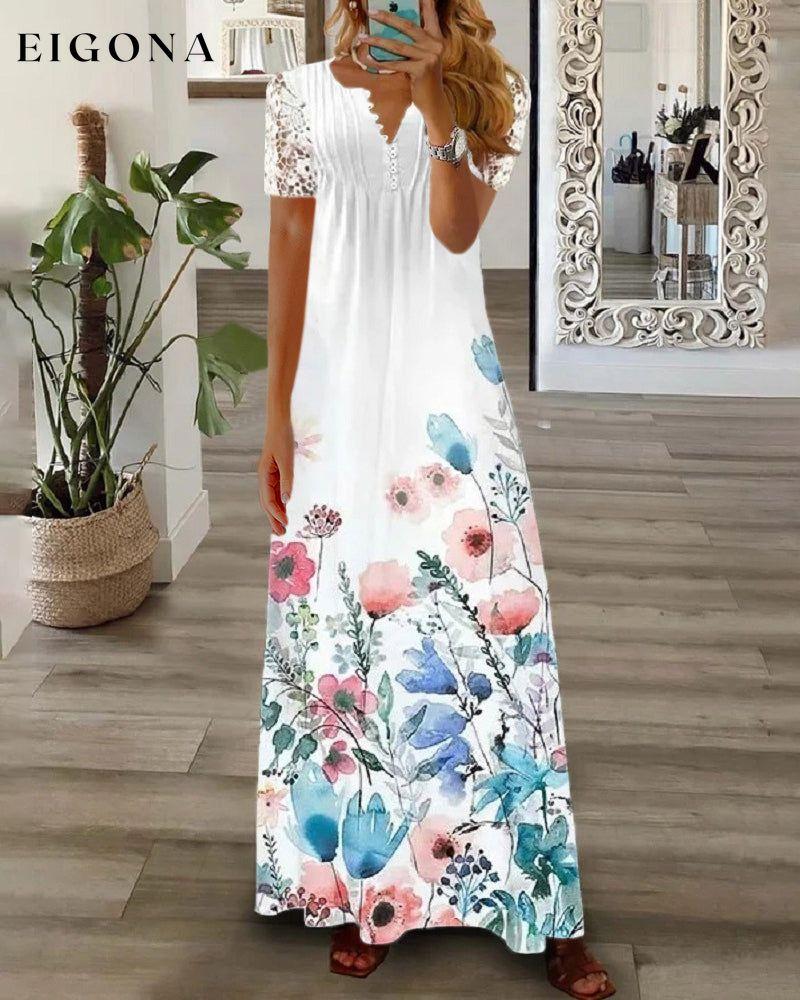 Floral print lace short sleeve long dress Blue 23BF Casual Dresses Clothes Dresses Summer