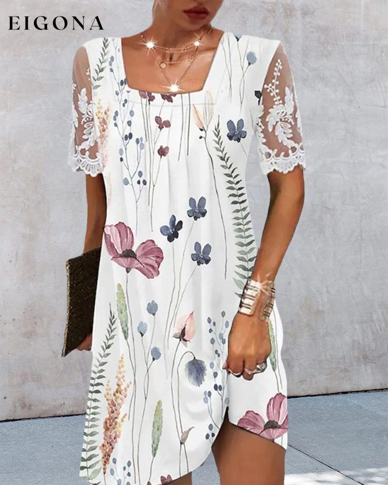 Floral Print Lace Sleeve Dress 23BF Casual Dresses Clothes Dresses Spring Summer