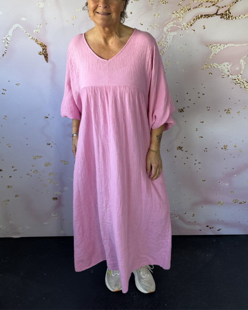 Forest Style V-Neck Pleated Solid Color Dress