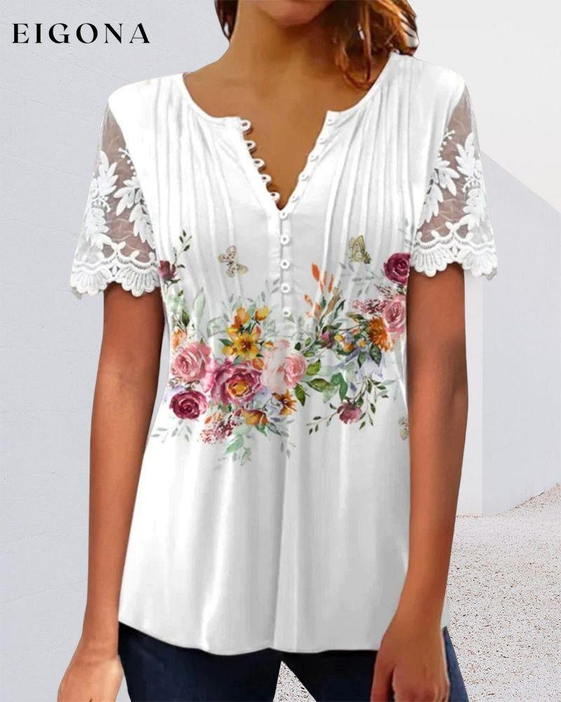 Floral Print Lace T-shirt with Short Sleeves 23BF clothes Short Sleeve Tops Spring Summer T-shirts Tops/Blouses
