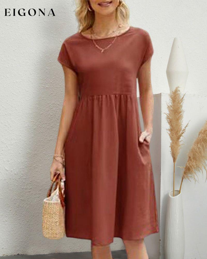 Round neck loose cotton and linen dress Orange 23BF casual dresses Clothes Cotton and Linen discount Dresses Spring summer
