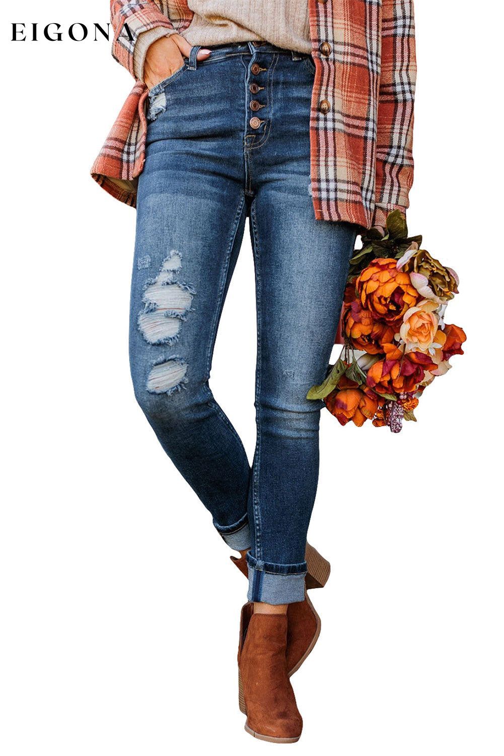 Blue Distressed Button Fly High Waist Skinny Jeans All In Stock Best Sellers bottom clothes Color Blue Craft Distressed Early Fall Collection Fabric Denim Hot picks jeans Occasion Daily pants Season Spring Style Southern Belle