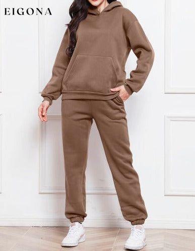 Drop Shoulder Long Sleeve Hoodie and Pants Set, 2 Piece Sweater and Pants Set Taupe bottoms clothes lounge lounge wear lounge wear sets loungewear loungewear sets S.S.Ni sets Ship From Overseas Sweater sweaters Sweatshirt