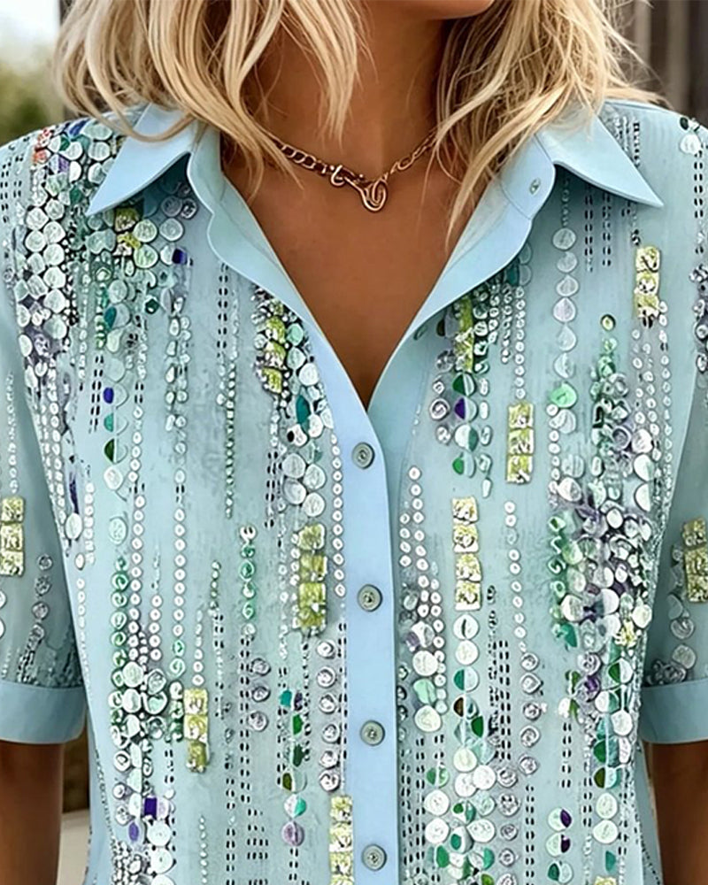 Sequin Vertical Stripe Short-Sleeve Shirt