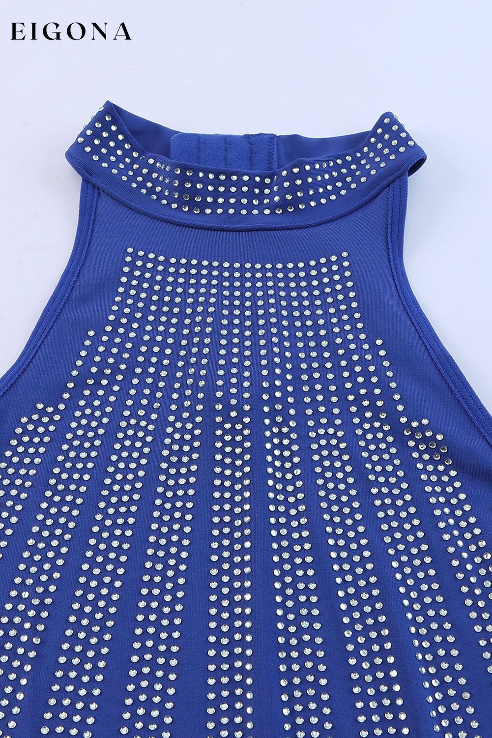 Blue High Neck Sleeveless Diamante Bodysuit clothes Craft Rhinestone Craft Sequin Day Valentine's Day Occasion Night Out Occasion Rock & Music Print Solid Color Season Summer shirt sleeveless bodysuit Style Feminine top turtleneck bodysuit