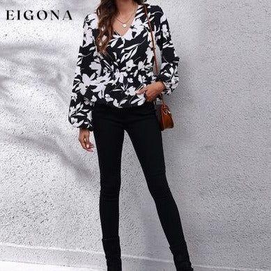 Floral V-Neck Balloon Sleeve Peplum Blouse B&S clothes long sleeve shirt long sleeve shirts long sleeve top long sleeve tops Ship From Overseas shirt shirts top tops Tops/Blouses