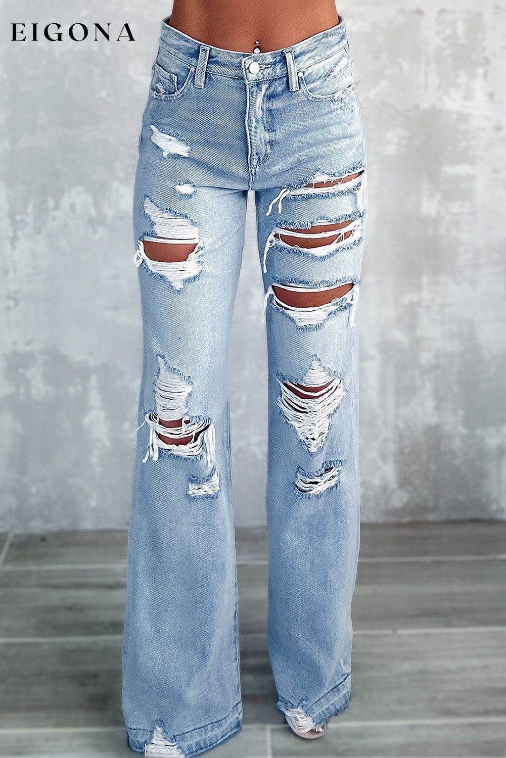 Sky Blue Vintage Distressed Ripped Wide Leg Jeans All In Stock bottoms clothes Color Blue Craft Distressed EDM Monthly Recomend Fabric Denim Jeans Occasion Daily pants ripped jeans Season Spring Silhouette Wide Leg Style Casual