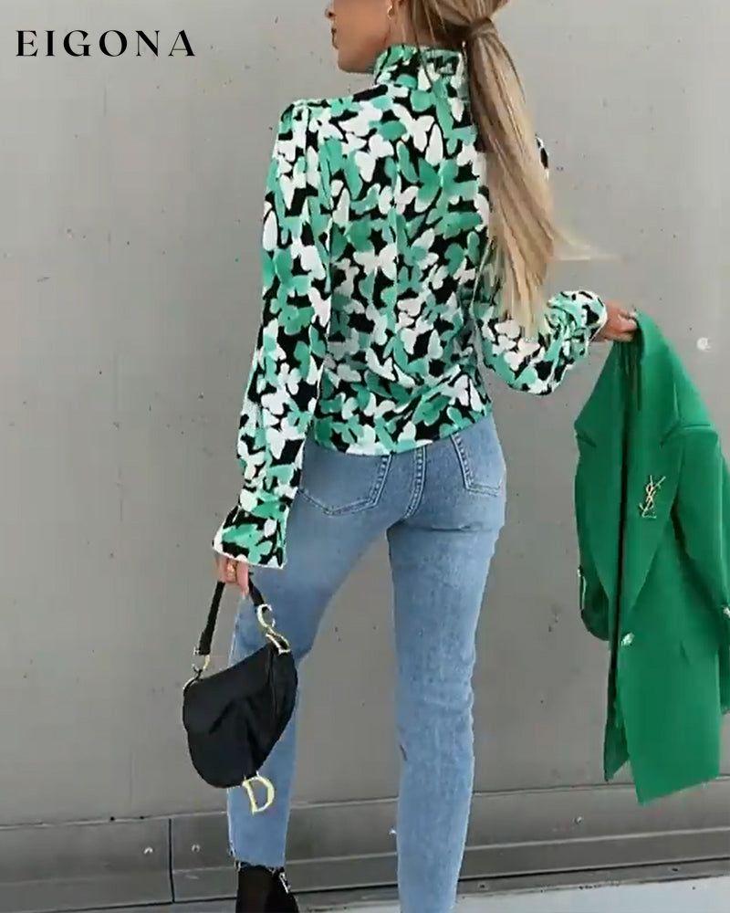 Butterfly print stand collar long sleeve shirt blouses & shirts spring summer