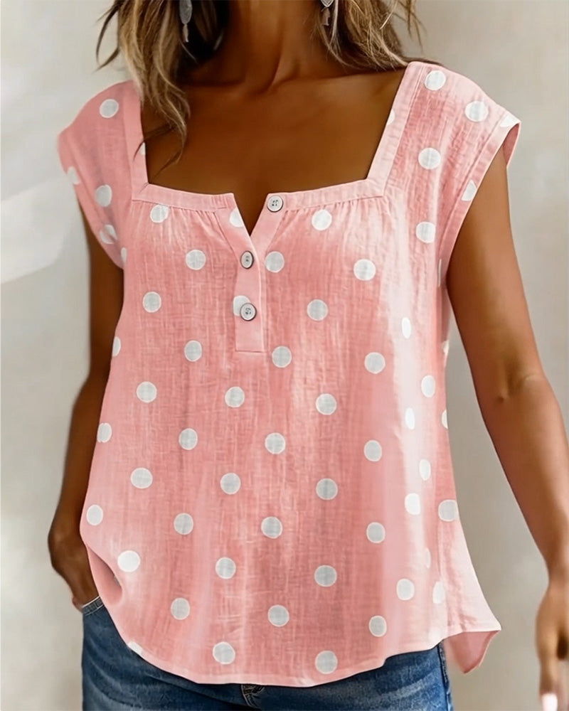 Square Neck Polka Dot Short Sleeve T-Shirt
