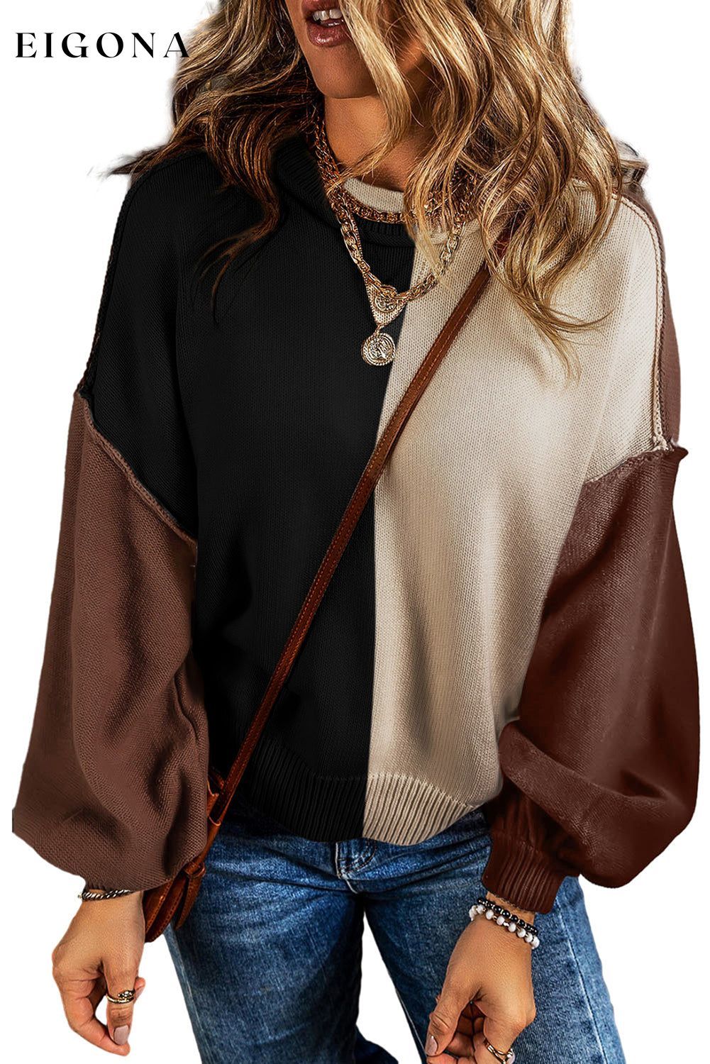 Chicory Coffee Color Block Exposed Seam Loose Fit Sweater All In Stock Best Sellers clothes Craft Patchwork DL Chic DL Exclusive Occasion Daily Print Color Block Season Winter Style Casual Sweater sweaters
