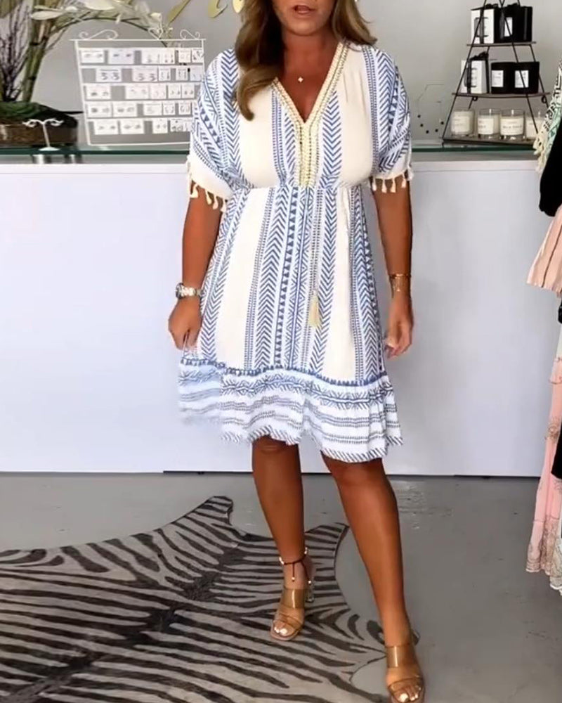 V-neck tassel short-sleeved dress 202466 casual dresses summer