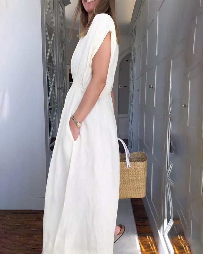 Elegant Solid Color Waisted Dress