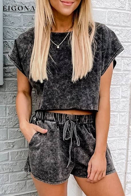 Black Acid Washed Short Lounge Set Black 100%Cotton 2 pieces clothes Craft Washed Occasion Home Print Solid Color Season Summer set short set Style Casual
