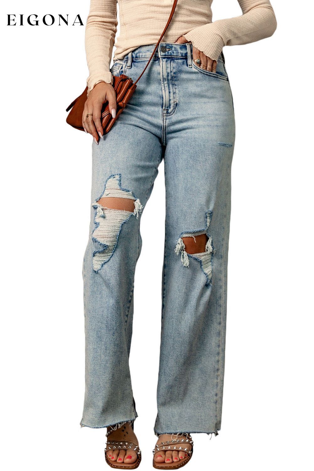 Sky Blue Distressed Frayed Hem Holed Straight Leg Loose Jeans All In Stock bottoms clothes DL Chic DL Exclusive Fabric Denim Jeans Occasion Daily pants Print Solid Color Season Fall & Autumn Season Spring Style Casual Women's Bottoms