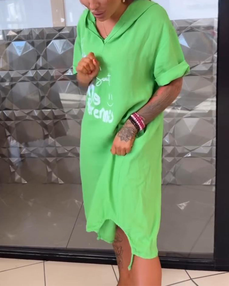 Hooded Printed Casual Shift Dress