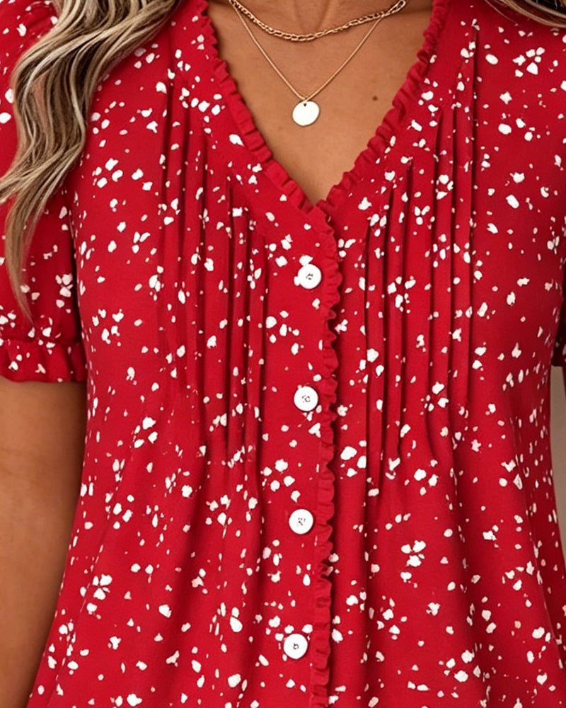 V-Neck Pleated Tiny Floral Blouse