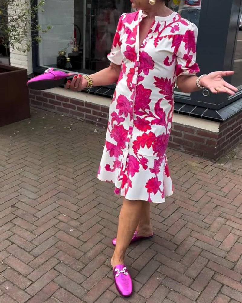 Elegant floral print short sleeve ruffle dress 202466 casual dresses summer