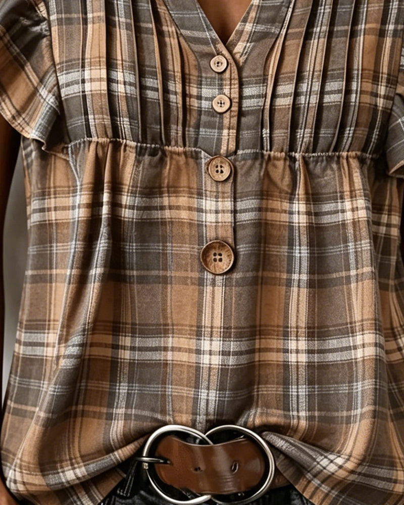 Brown Gingham Flutter Sleeve Blouse