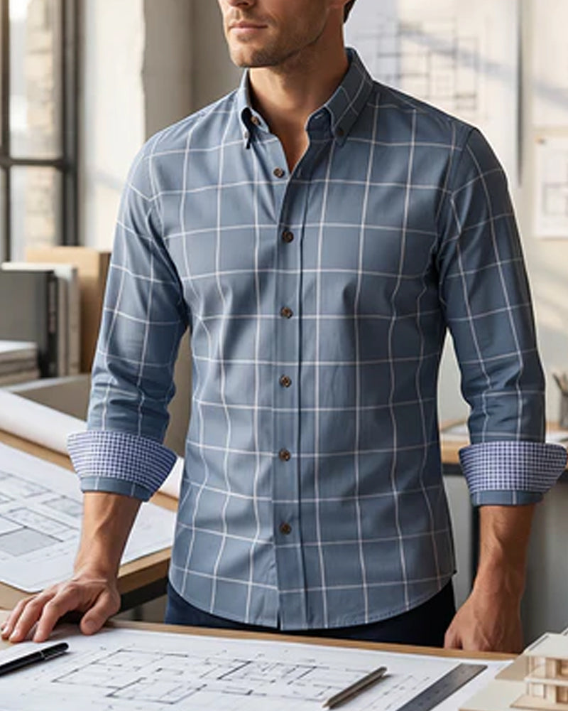 Blue and White Check Lapel Long Sleeve Shirt