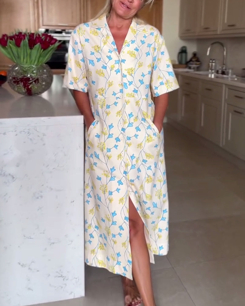 Abito camicia floreale casual con risvolto e tasca