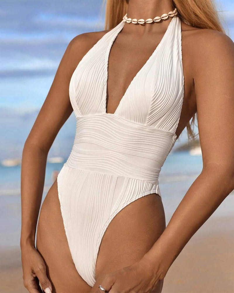 Sexy Deep V Neck Textured One-Piece Swimsuit