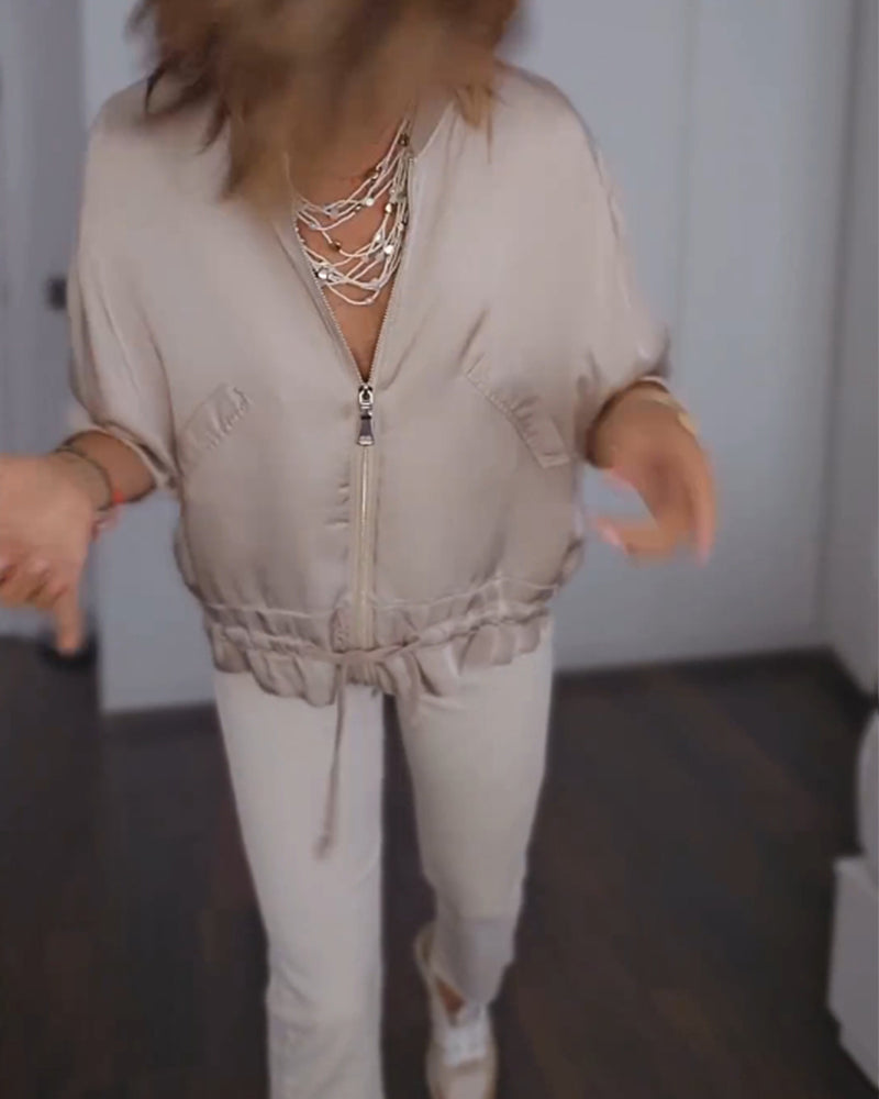 Casual solid color zipper short sleeve coat 202466 coats spring summer