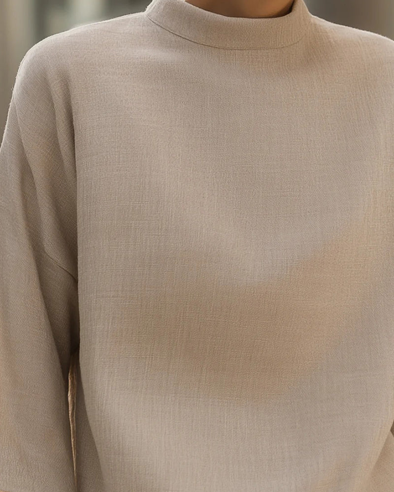 Stand Collar Three-Quarter Sleeve Solid Blouse