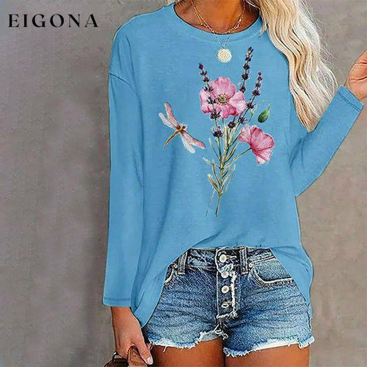 【100% Cotton】 100% Cotton Floral Print T-Shirt Blue 100% Cotton clothes Plus Size tops