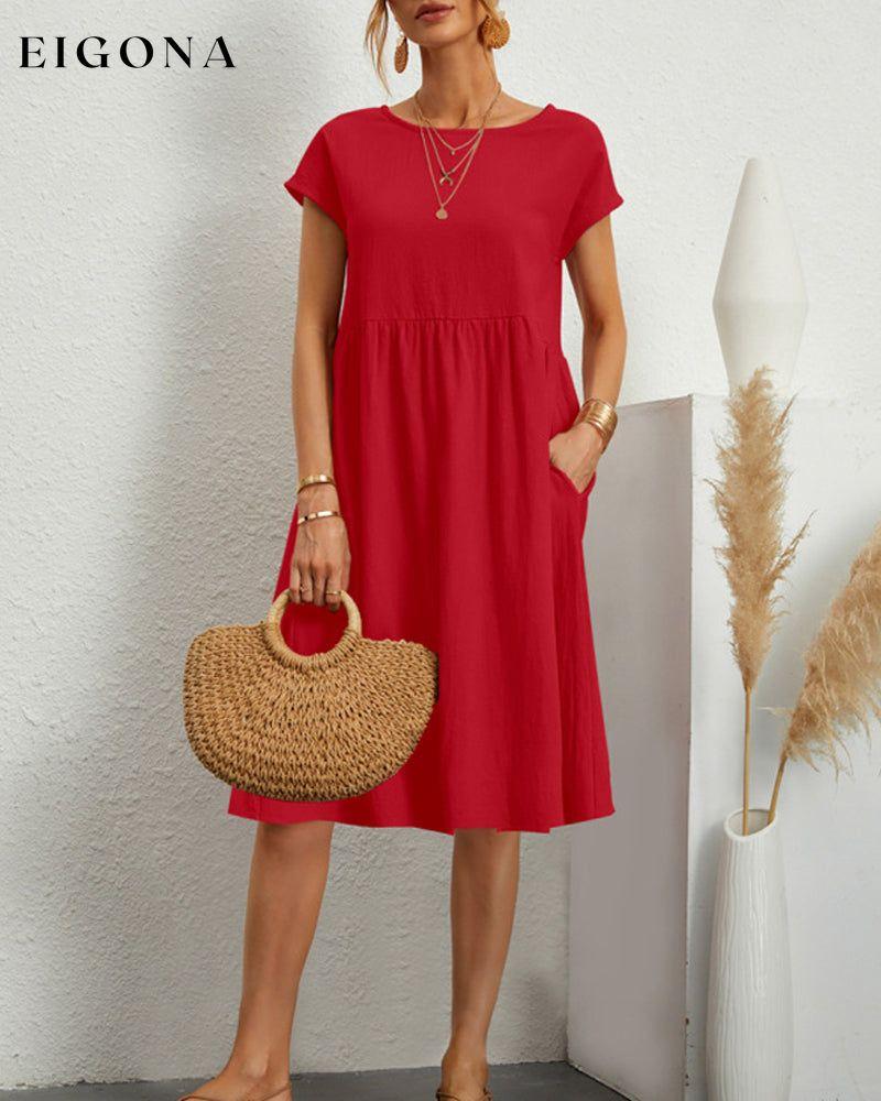 Round neck loose cotton and linen dress Red 23BF casual dresses Clothes Cotton and Linen discount Dresses Spring summer