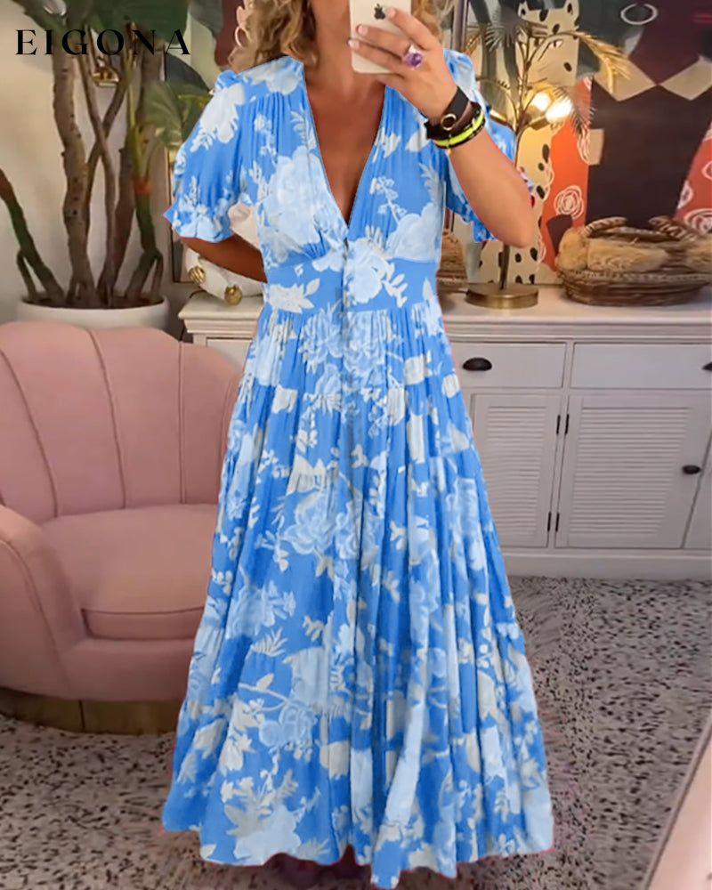 Floral print v-neck pocket dress Blue 23BF Casual Dresses Clothes discount Dresses Spring Summer